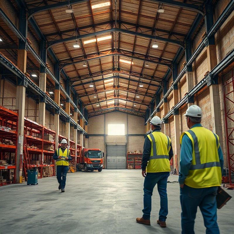 Plano largo do interior de um armazém industrial português com trabalhadores com coletes refletores sob luz quente