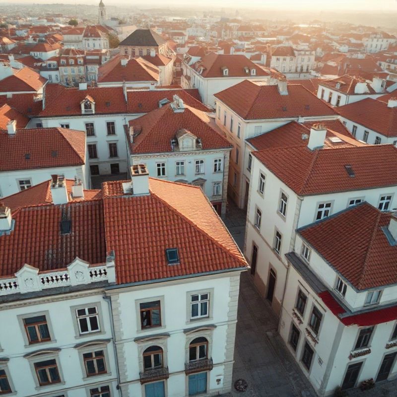 Vista aérea do centro de Aveiro com telhados terracota e fachadas creme sob luz suave do Atlântico