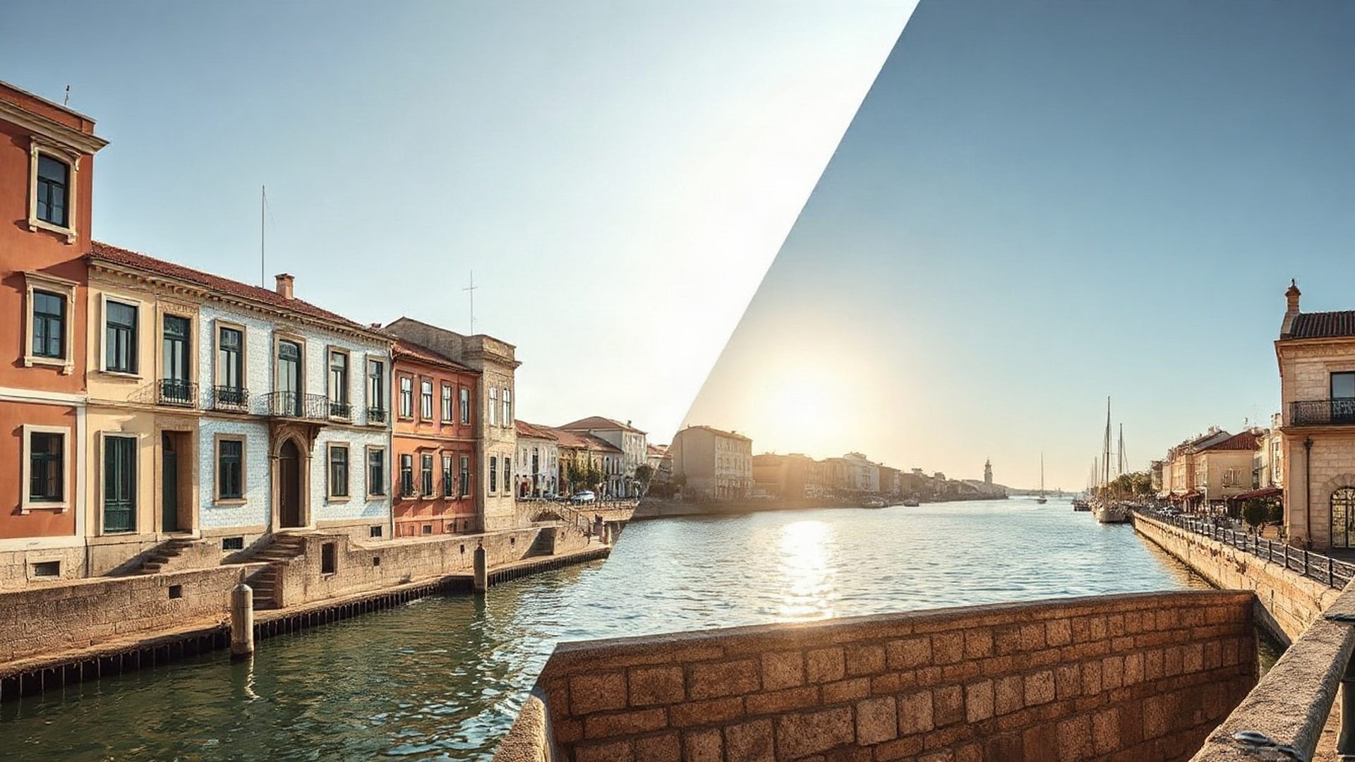 Canal e edifícios de azulejo em tons terracota-creme no centro de Aveiro ao amanhecer